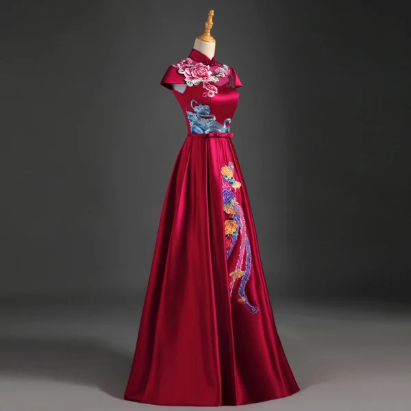 Chinese style Burgundy Evening Dresses 2019 A-Line / Princess High Neck Bow Appliques Lace Cap Sleeves Backless Floor-Length / Long Formal Dresses