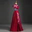 Chinese style Burgundy Evening Dresses  2019 A-Line / Princess High Neck Bow Appliques Lace Cap Sleeves Backless Floor-Length / Long Formal Dresses