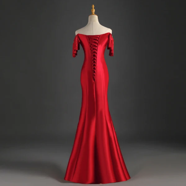 Chinese style Red Evening Dresses 2019 Trumpet / Mermaid Off-The-Shoulder Tassel Sequins Appliques Lace Sleeveless Backless Floor-Length / Long Formal Dresses