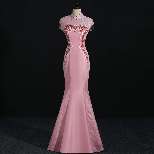 Chinese style Royal Blue Evening Dresses  Trumpet / Mermaid High Neck Beading Tassel Rhinestone Lace Flower Cap Sleeves Floor-Length / Long Formal Dresses