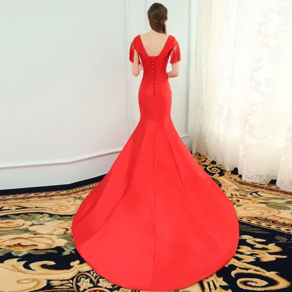 Chinese style Red Evening Dresses 2019 Trumpet / Mermaid V-Neck Rhinestone Appliques Lace Cap Sleeves Tassel Backless Court Train Formal Dresses