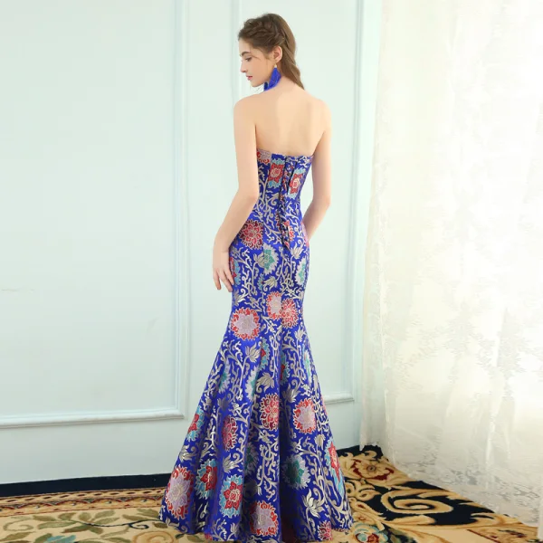 Chinese style Royal Blue Evening Dresses 2019 Trumpet / Mermaid Strapless Tassel Crystal Embroidered Sleeveless Backless Floor-Length / Long Formal Dresses