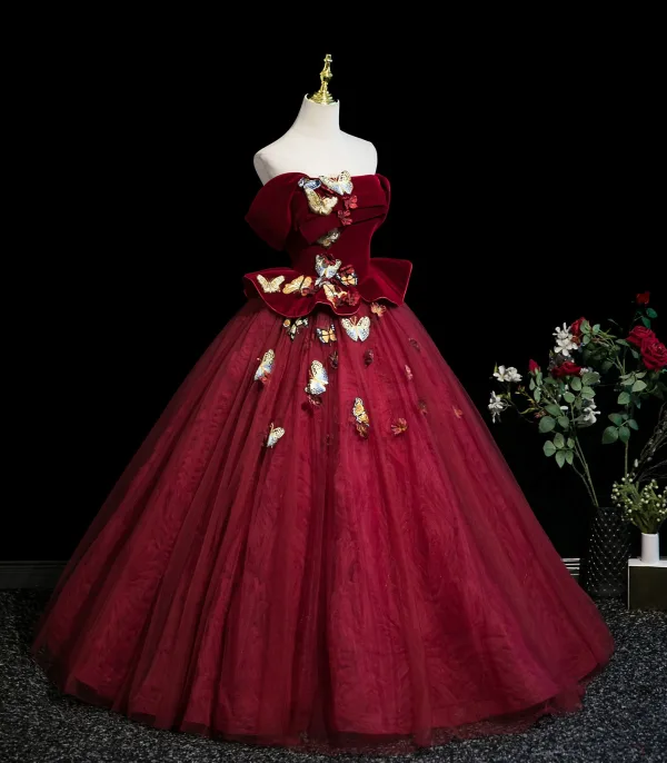 Elegant Burgundy Appliques 3D Lace Butterfly Prom Dresses 2025 Ball Gown Off-The-Shoulder Short Sleeve Backless Floor-Length / Long Formal Dresses