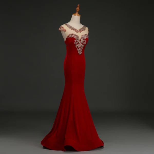Elegant Burgundy Evening Dresses 2019 Trumpet / Mermaid Suede V-Neck Rhinestone Lace Flower Cap Sleeves Floor-Length / Long Formal Dresses