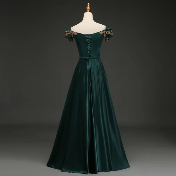 Elegant Dark Green Evening Dresses 2019 A-Line / Princess Off-The-Shoulder Rhinestone Sash Short Sleeve Backless Floor-Length / Long Formal Dresses