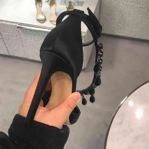Charming Black Evening Party Womens Shoes 2019 Ankle Strap Rhinestone Tassel 8 cm Stiletto Heels Pointed Toe High Heels