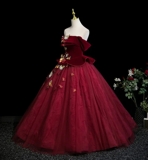 Elegant Burgundy Appliques 3D Lace Butterfly Prom Dresses 2025 Ball Gown Off-The-Shoulder Short Sleeve Backless Floor-Length / Long Formal Dresses