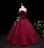 Elegant Burgundy Appliques 3D Lace Butterfly Prom Dresses 2025 Ball Gown Off-The-Shoulder Short Sleeve Backless Floor-Length / Long Formal Dresses