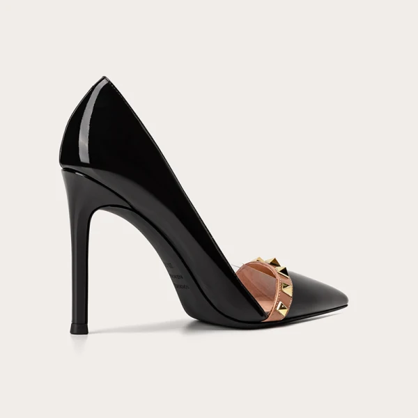 Charming Black Evening Party Leather Rivet Pumps 2021 Patent Leather 10 cm Stiletto Heels Pointed Toe Pumps High Heels