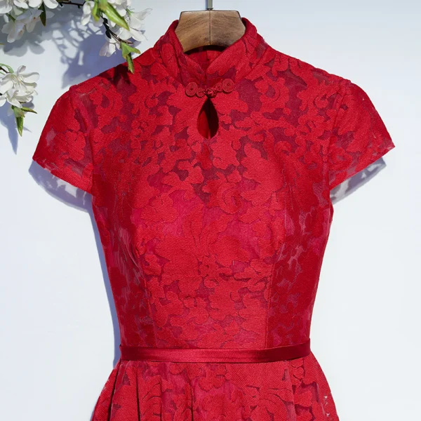 Chic / Beautiful Red Formal Dresses Evening Dresses 2017 Lace Flower Strappy High Neck Short Sleeve Knee-Length A-Line / Princess