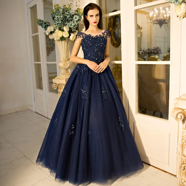 Classic Navy Blue Quinceañera Prom Dresses 2018 Ball Gown Lace Appliques Beading Sequins Scoop Neck Backless Sleeveless Floor-Length / Long Formal Dresses