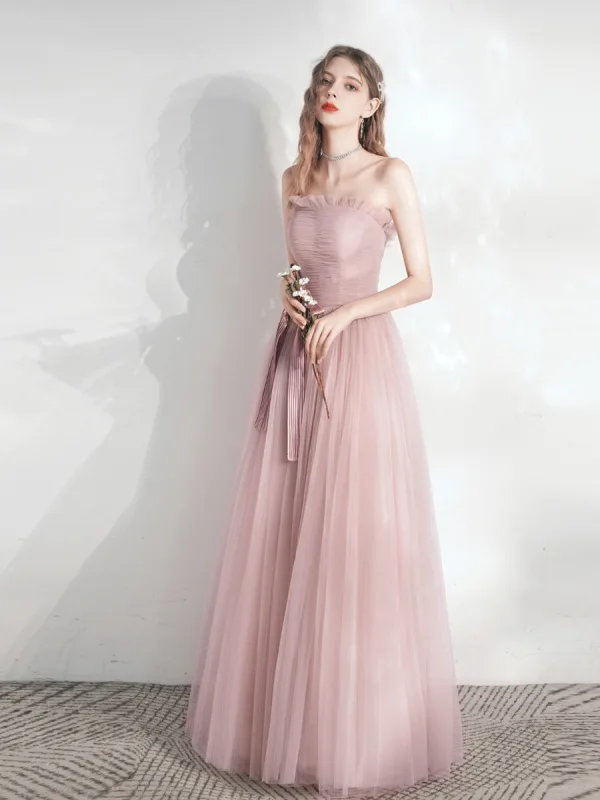 Schöne Rosa Ballkleider 2021 A Linie Bandeau Schleife Ärmellos Rückenfreies Lange Ball Festliche Kleider