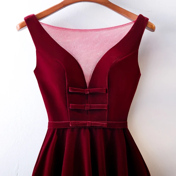 Chic / Beautiful Burgundy Evening Dresses 2019 A-Line / Princess Scoop Neck Suede Bow Sleeveless Backless Floor-Length / Long Formal Dresses