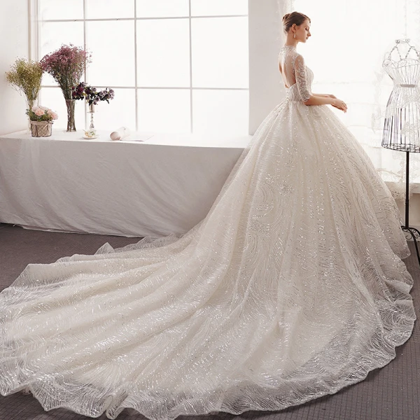 Charming Champagne Wedding Dresses 2019 A-Line / Princess Scoop Neck Beading Sequins Lace Flower 1/2 Sleeves Backless Cathedral Train