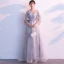 Chic / Beautiful Grey Evening Dresses  2019 A-Line / Princess V-Neck Bow Lace Flower 1/2 Sleeves Backless Floor-Length / Long Formal Dresses