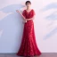 Chic / Beautiful Burgundy Evening Dresses  2019 A-Line / Princess V-Neck Crystal Lace Flower Short Sleeve Backless Floor-Length / Long Formal Dresses