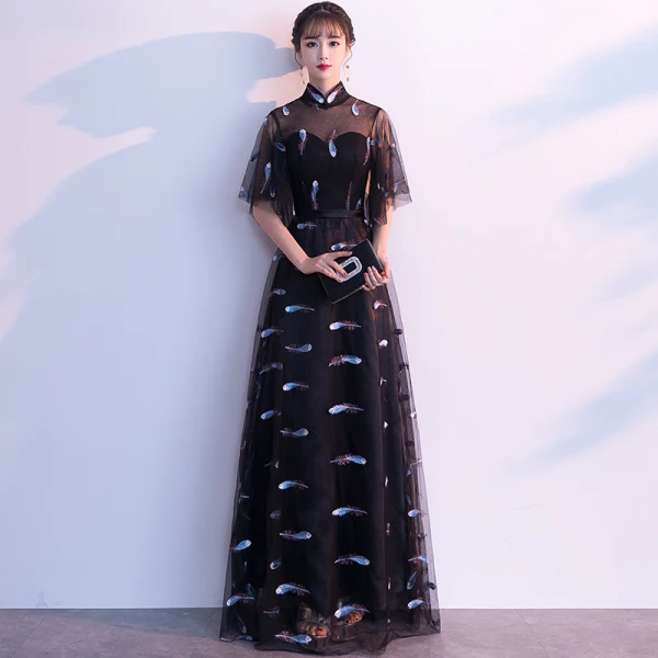 Chic / Beautiful Black Evening Dresses 2019 A-Line / Princess High Neck Sash Lace Flower 1/2 Sleeves Floor-Length / Long Formal Dresses
