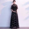 Chic / Beautiful Black Evening Dresses  2019 A-Line / Princess High Neck Sash Lace Flower 1/2 Sleeves Floor-Length / Long Formal Dresses