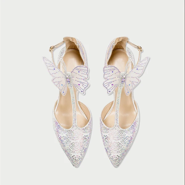 Modern / Fashion Silver Leather Wedding Shoes 2019 T-Strap Rhinestone Butterfly 9 cm Stiletto Heels Pointed Toe High Heels