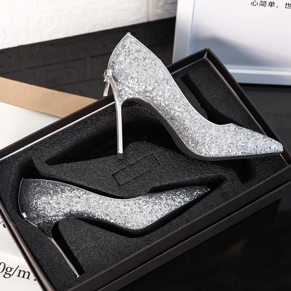 Sparkly Sølv Brudesko 2019 Glitter Paljetter Sløyfe 9 cm Stiletthæler Spisse Bryllup Pumps