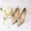 Sparkly Gold Wedding Shoes 2019 Leather Sequins Appliques Pearl 9 cm Stiletto Heels Pointed Toe Wedding Pumps