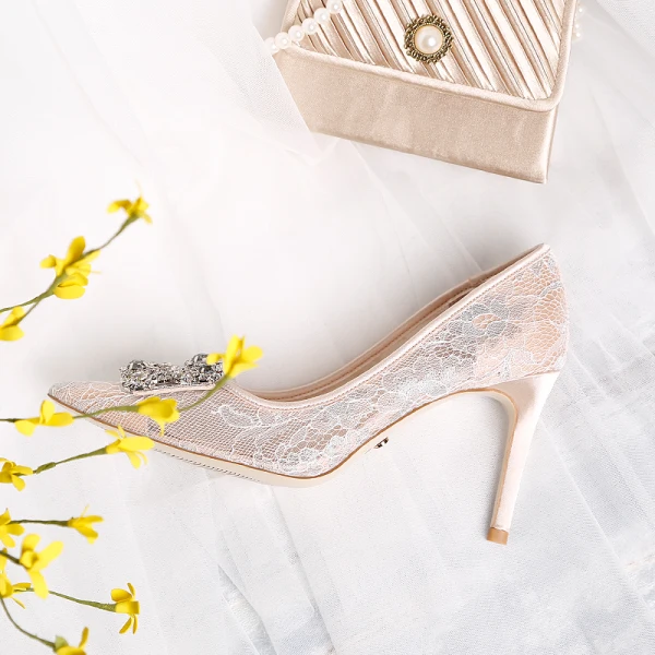 Chic / Beautiful Beige Wedding Shoes 2019 Lace Rhinestone 9 cm Stiletto Heels Pointed Toe Wedding Pumps