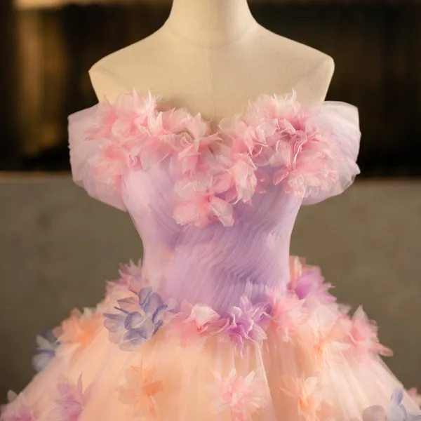 Elegant Blushing Pink Appliques Prom Dresses 2014 Ball Gown Off-The-Shoulder Short Long