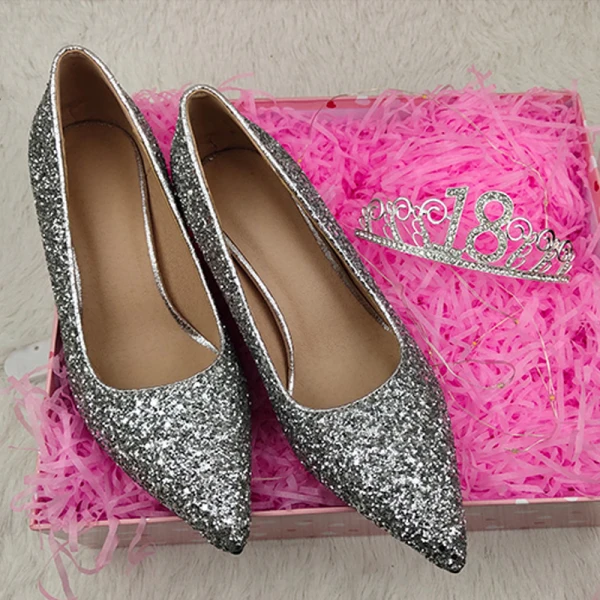 Sparkly Sølv Brudesko 2019 Paljetter 7 cm Stiletthæler Spisse Bryllup Pumps