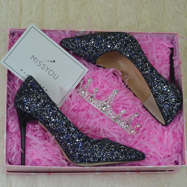 Sparkly Sølv Brudesko 2019 Paljetter 9 cm Stiletthæler Spisse Bryllup Pumps