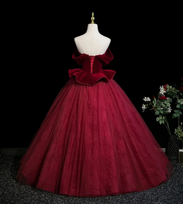 Elegant Burgundy Appliques 3D Lace Butterfly Prom Dresses 2025 Ball Gown Off-The-Shoulder Short Sleeve Backless Floor-Length / Long Formal Dresses