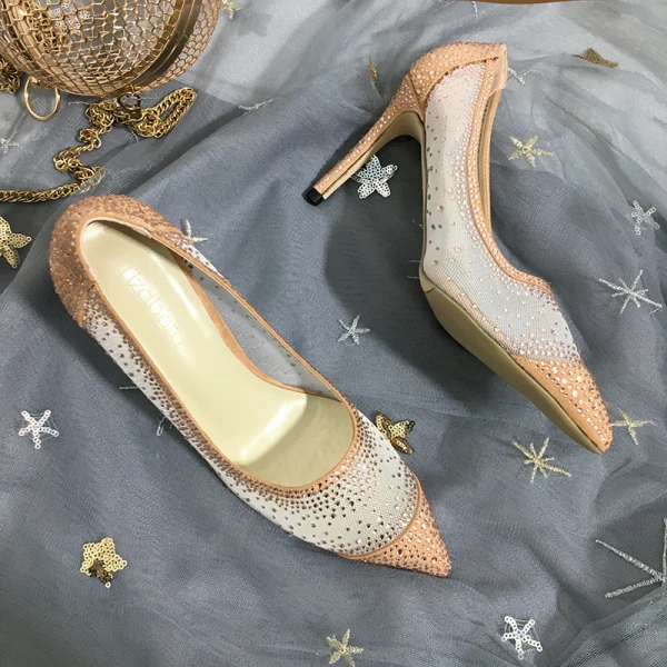 Mode Champagne Brudskor 2019 Rhinestone Tyll 9 cm Stilettklackar Spetsiga Bröllop Pumps