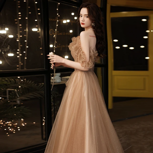 Charming Champagne Rhinestone Prom Dresses 2021 A-Line / Princess Ruffle Off-The-Shoulder Sleeveless Floor-Length / Long Prom Formal Dresses