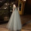 Charming Grey Glitter Prom Dresses 2021 A-Line / Princess Off-The-Shoulder Sleeveless Backless Floor-Length / Long Prom Formal Dresses
