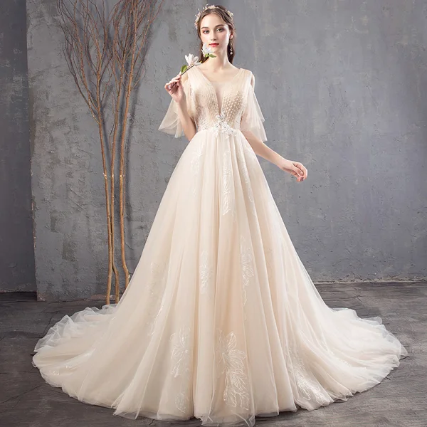 Elegant Champagne Wedding Dresses 2019 A-Line / Princess V-Neck Beading Lace Flower Short Sleeve Backless Chapel Train