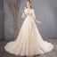 Elegant Champagne Wedding Dresses 2019 A-Line / Princess V-Neck Beading Lace Flower Short Sleeve Backless Chapel Train