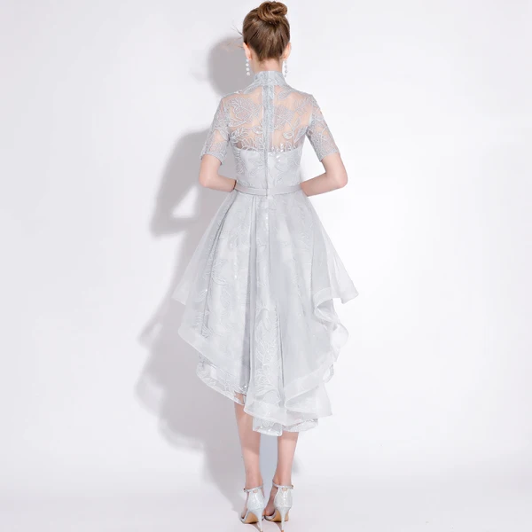 Chic / Belle Argenté Robe De Cocktail 2018 Princesse En Dentelle Fleur Ceinture Paillettes Col Haut Manches Courtes Asymétrique Robe De Ceremonie