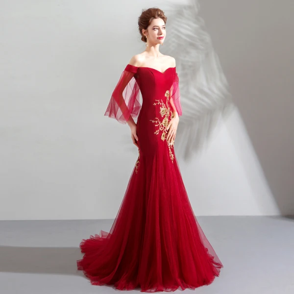 Chic / Belle Rouge Robe De Soirée 2019 Trompette / Sirène De l'épaule Paillettes En Dentelle Fleur Manches Courtes Dos Nu Train De Balayage Robe De Ceremonie
