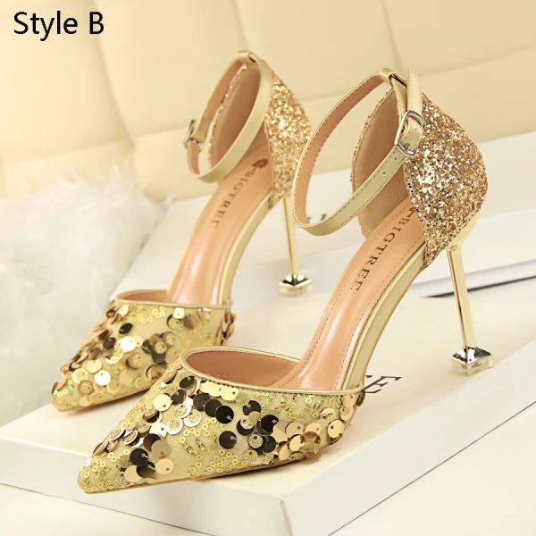 Affordable Silver Casual Womens Shoes 2019 Ankle Strap Sequins 9 cm Stiletto Heels Pointed Toe High Heels