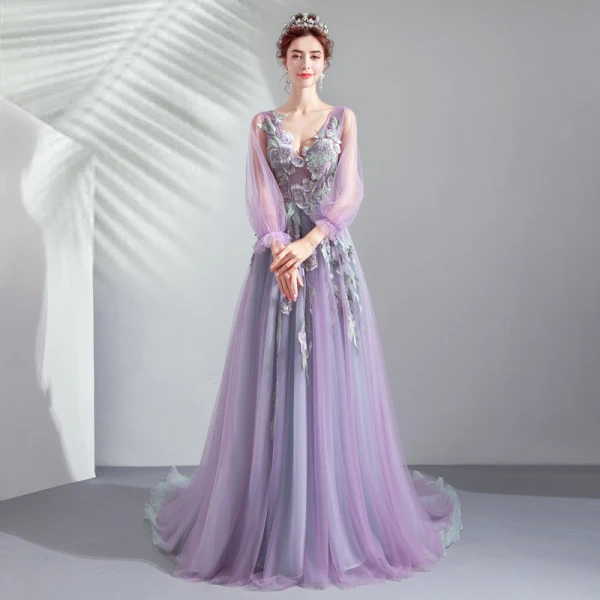 Élégant Lavande Robe De Bal 2019 Princesse V-Cou En Dentelle Appliques Faux Diamant 3/4 Manches Dos Nu Train De Balayage Robe De Ceremonie