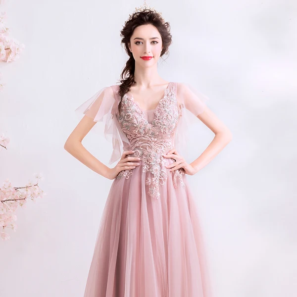 Elegant Pearl Pink Prom Dresses 2019 A-Line / Princess Beading Pearl Lace Flower V-Neck Short Sleeve Backless Floor-Length / Long Formal Dresses