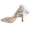 Charming Silver Wedding Shoes 2019 Bow Rhinestone Sequins 10 cm Stiletto Heels Pointed Toe Wedding Pumps
