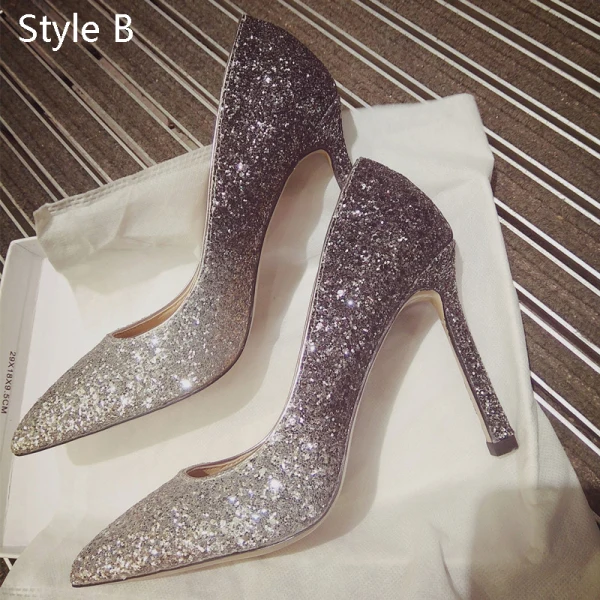 Charmant Dégradé De Couleur Argenté Chaussure De Mariée 2019 Paillettes 10 cm Talons Aiguilles À Bout Pointu Mariage Escarpins