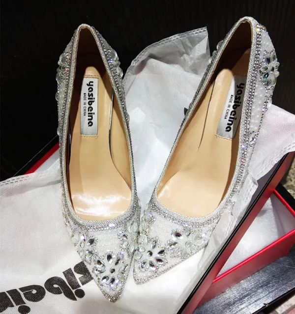 Chic / Beautiful Silver Wedding Shoes 2019 Crystal Rhinestone 9 cm Stiletto Heels Pointed Toe Wedding Pumps