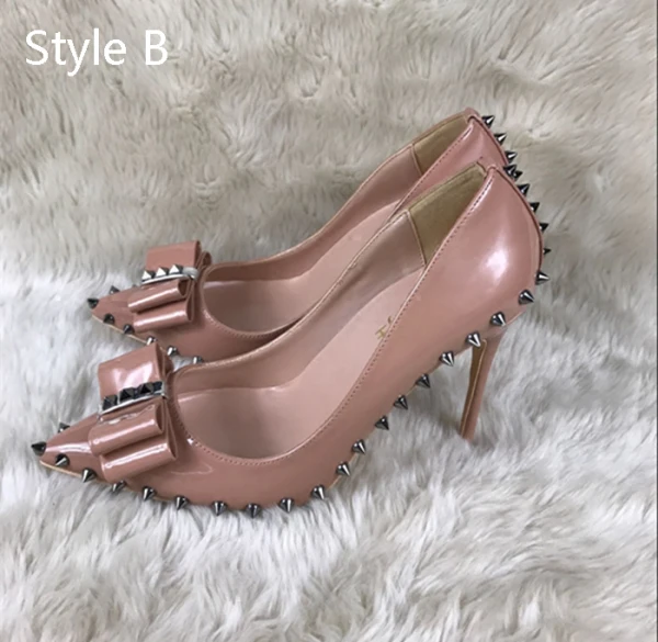 Chic / Beautiful Nude Casual Pumps 2019 Leather Bow Rivet 12 cm Stiletto Heels Pointed Toe Pumps
