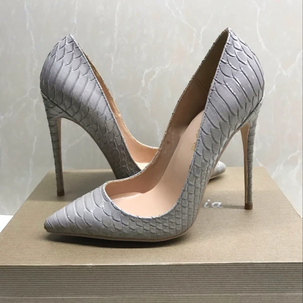 Simple Gris Bureau Escarpins 2019 Polyester Motif Peau De Serpent 12 cm Talons Aiguilles À Bout Pointu Escarpins