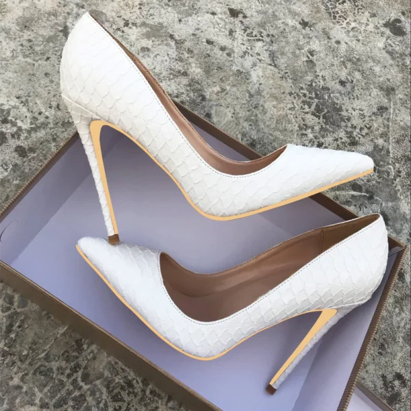 Schöne Weiß Freizeit Pumps 2019 Schlangenhautmuster 12 cm Stilettos Spitzschuh Pumps