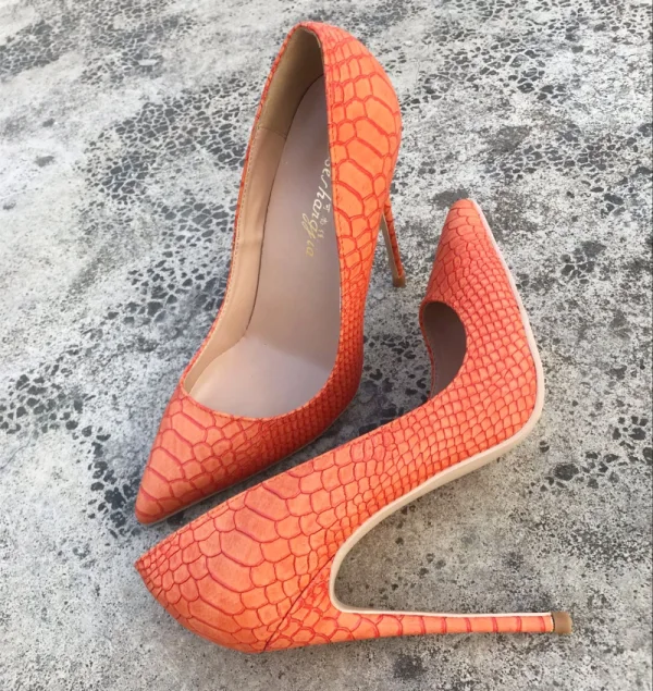 Snygga / Fina Apelsin Casual Läder Pumps 2019 Snakeskin Trycket 12 cm Stilettklackar Spetsiga Pumps
