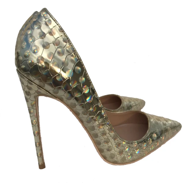 Schöne Gold Laser Freizeit Pumps 2019 Leder 12 cm Stilettos Spitzschuh Pumps