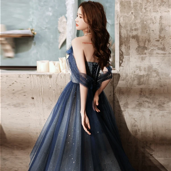Charmant Océan Bleu Robe De Bal 2021 Princesse De l'épaule Perlage Appliques Paillettes Sans Manches Dos Nu Longue Robe De Ceremonie
