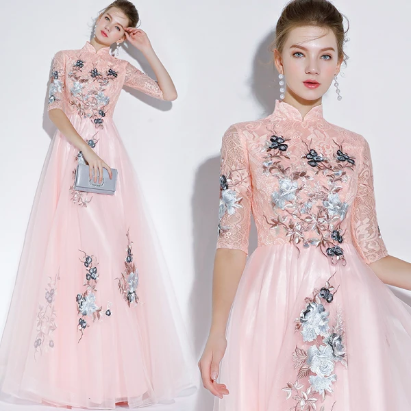 Chic / Beautiful Grey Evening Dresses 2018 A-Line / Princess Lace Appliques High Neck 1/2 Sleeves Floor-Length / Long Formal Dresses